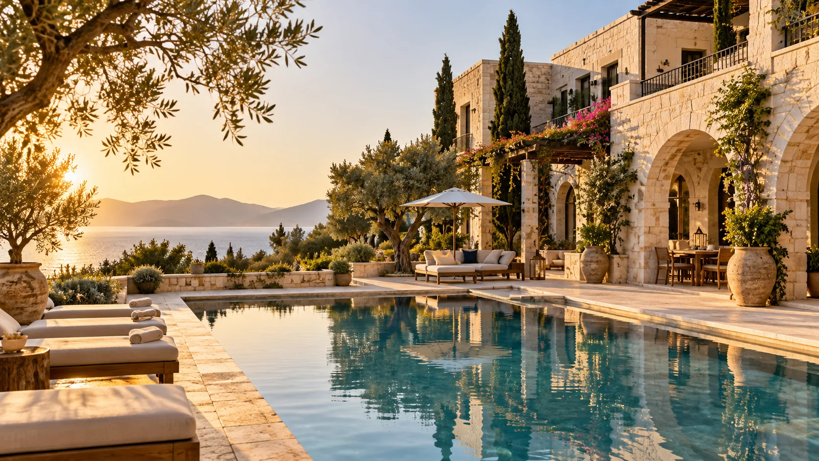 Taş cepheli otel, havuz ve peyzajıyla turizm yatırımını temsil eden tesis