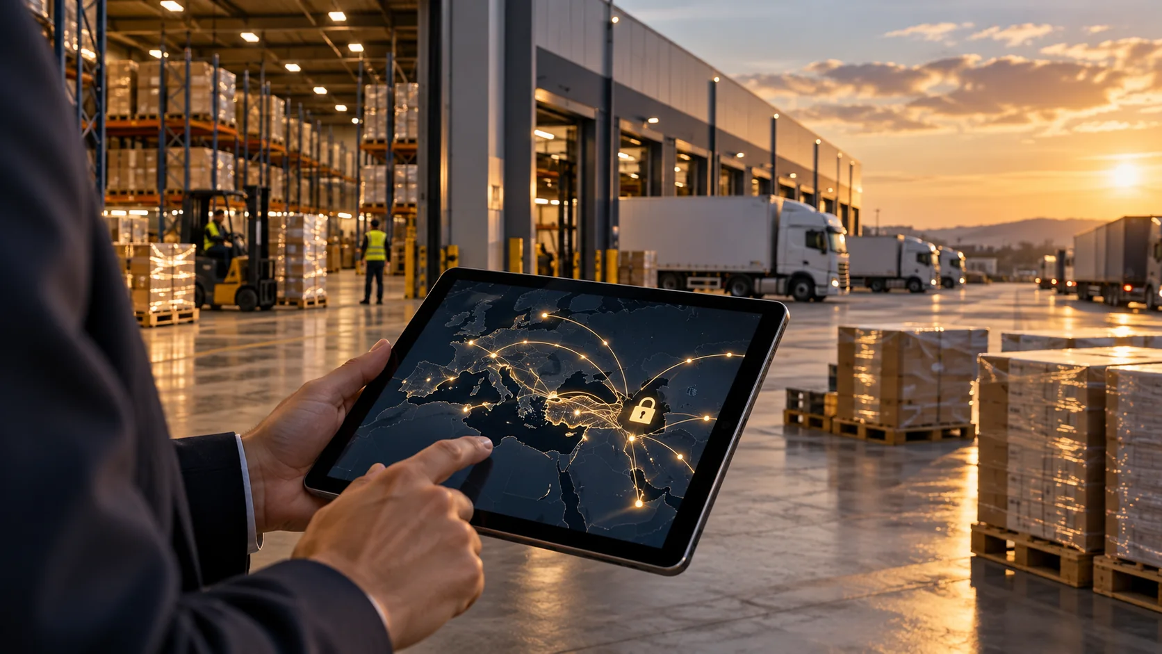 Lojistik tesisinde güvenli veri bağlantısını temsil eden tablet